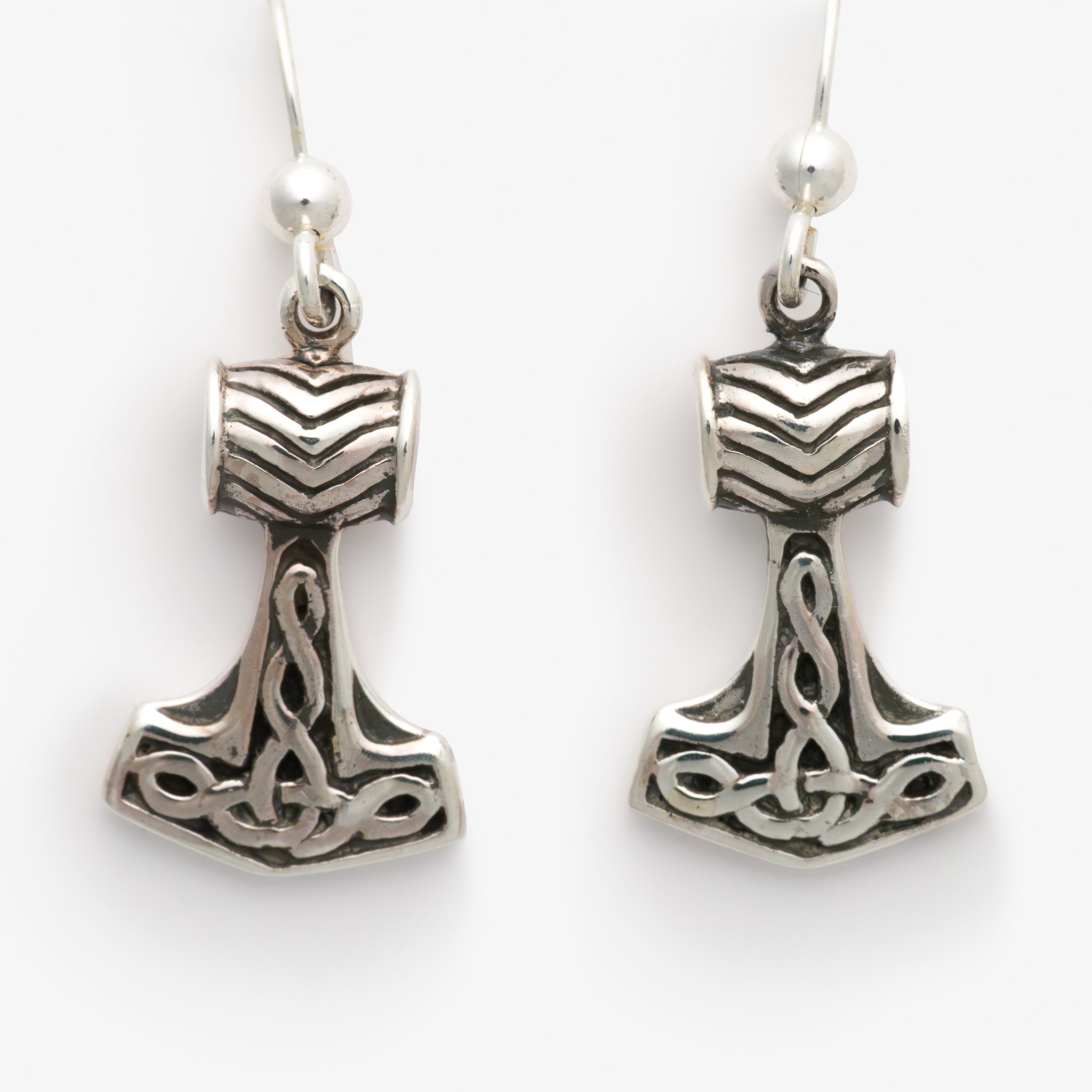 Silver Thor's Hammer  Earrings w/Knotwork Loop Back