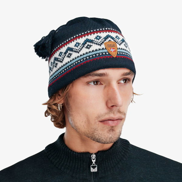 Norwegian-Style Pom Pom Beanie -  dale of Norway wool Black Dale Of Norway Beanie Wool Black Blue Nordic Osterdalen Knit  main image 2