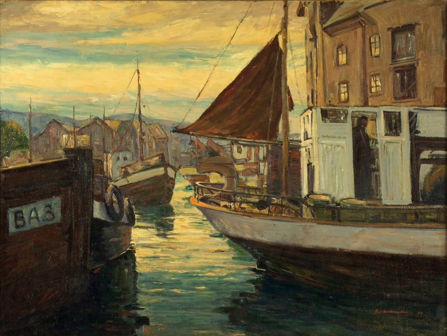 Giclée Print  from Vesterheim's Collections - Twilight at Ålesund Harbor by Peer Gulbrandsen 20" x 26"