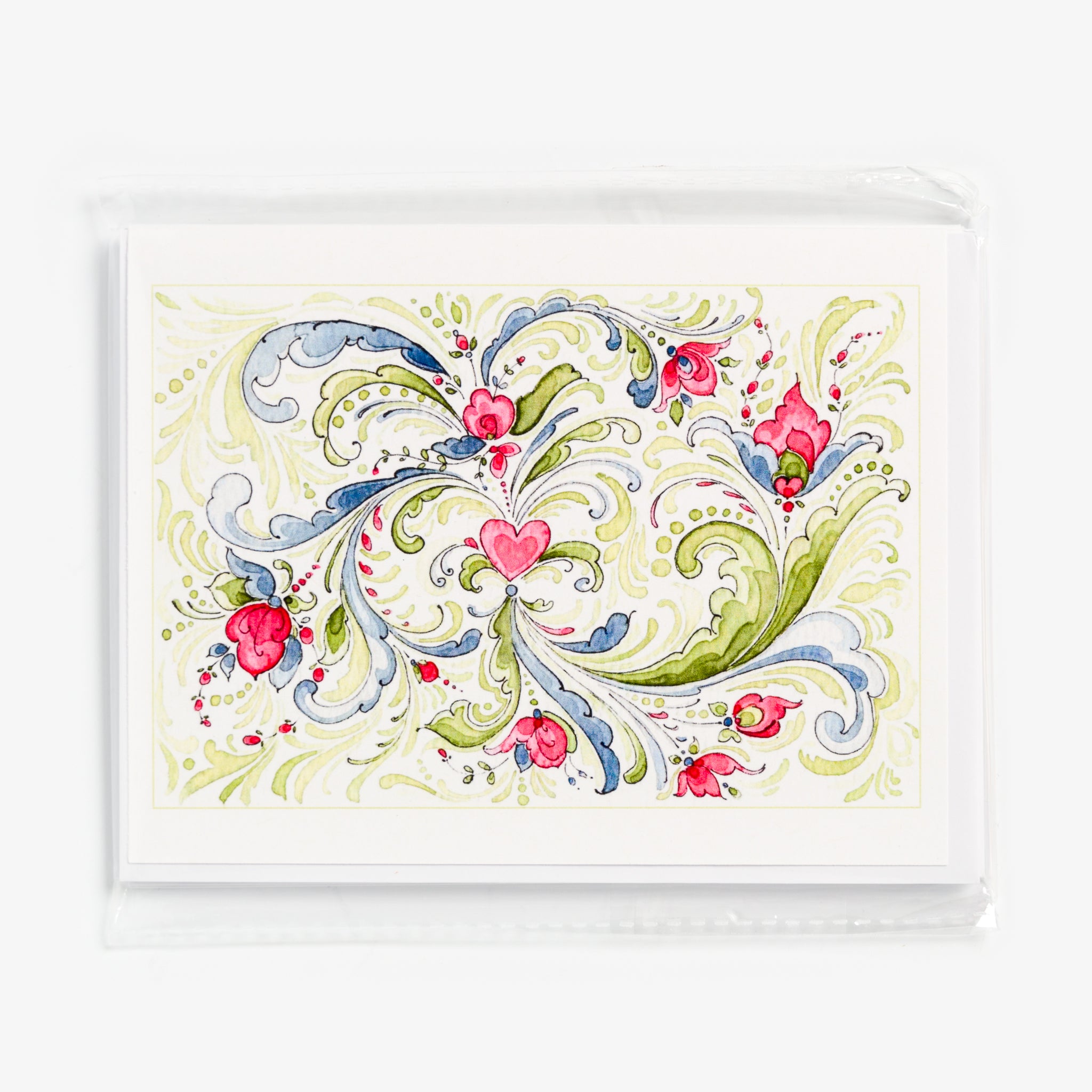 Pink Heart Notecards Set with Rosemaling by Sharon Christensen