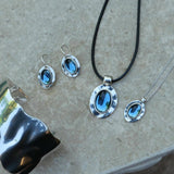 Silver and Deep Blue Glass Necklace with Black Cord