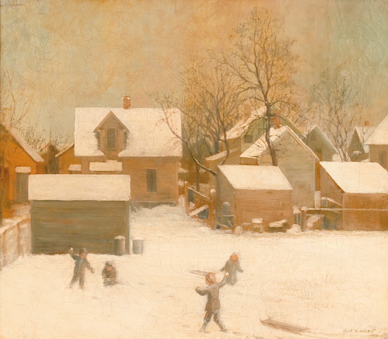 Giclée Print from Vesterheim's Collections - City Snow with Children by Olaf Aalbu 8" x 10"